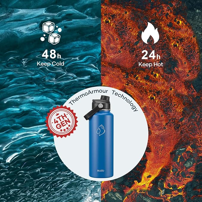 BUZIO Triple Wall Vacuum Water Bottle with Dust-proof Straw & Spout Lids | 40 oz Insulated Stainless Steel Water Flask (Cold for 48 Hrs/Hot for 24 Hrs), Dishwasher Safe, Leakproof, Non-BPA, for Hiking