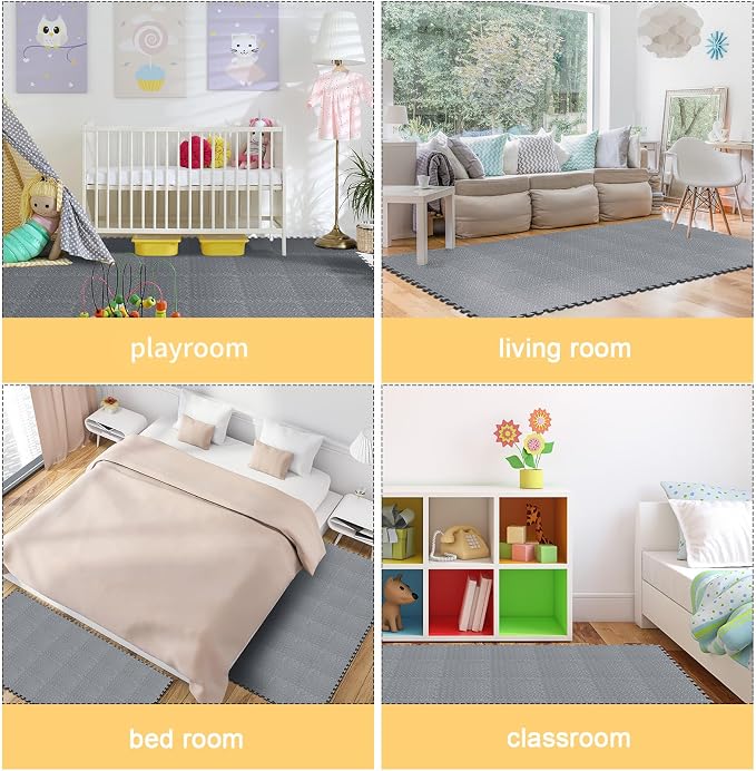 Foam Floor Tiles Foam Floor Mats Play Mats Bulk with Borders Interlocking for Bedroom Gym Nursery(11.8 x 11.8 Inch,Gray)