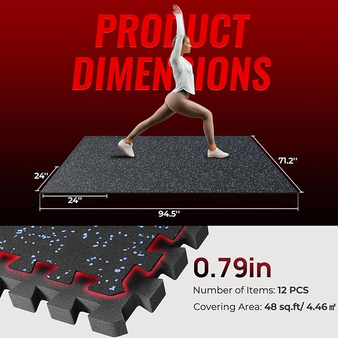 SUPERJARE 0.79'' Extra-Thick Exercise Equipment Mats, 12 Pcs 48 Sq Ft Rubber Top Floor Tiles with High Density EVA Foam, Interlocking Gym Flooring for Home Gym, Workout Mat, Black/Blue
