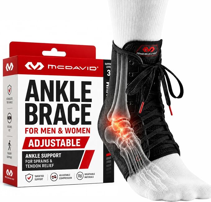 McDavid Adjustable Ankle Brace for Women Men, Sprained Ankle Support, Achilles Tendon Support, Injury Recovery, Lace Up Ankle Stabilizer Wrap for Running, Basketball, Volleyball, Soccer, Sports