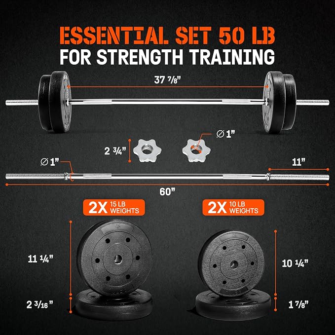 Yes4All Standard Straight Barbell 60" & EZ Curl Bar 47", Capacity 200 to 480 LB, Weight Bar 1" to 2" Diameter - Star Lock Collars, Rubber Ring, Barbell Spins Included for Deadlifts & Squats