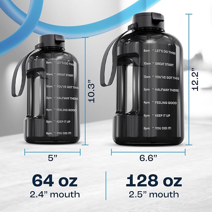 AQUAFIT Half Gallon Water Bottle with Motivational Quotes | BPA Free 64 oz Water Bottle with Straw and Chug Lids - Leakproof Gym Water Bottle with Carry Handle (Midnight Gray)