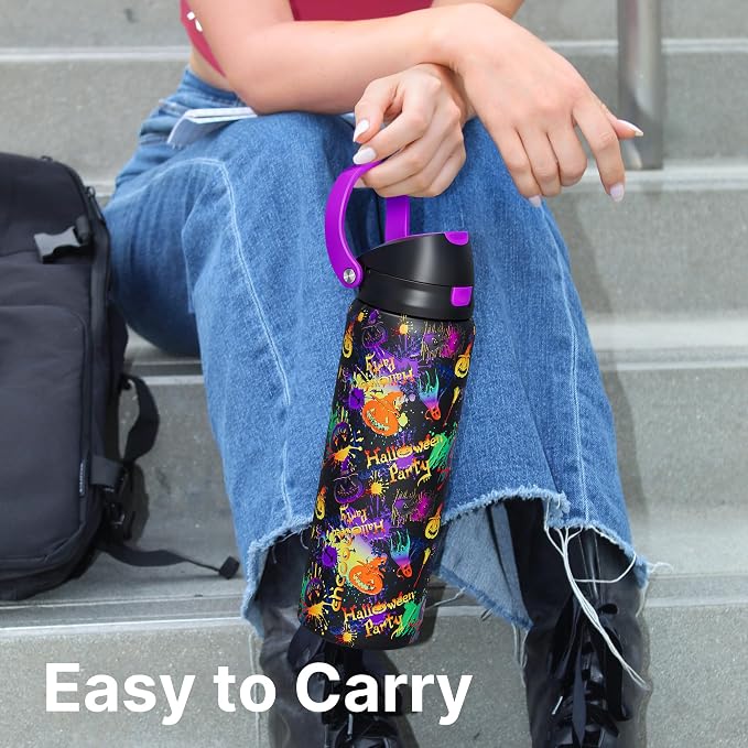 Encool SwiftSip Insulated Stainless Steel Water Bottle with Straw - Leak Proof Sports Water Bottle for School, Travel, Keeps Cold All Day, One-Touch Flip Lid, BPA-Free, 32 oz, Ghost Party