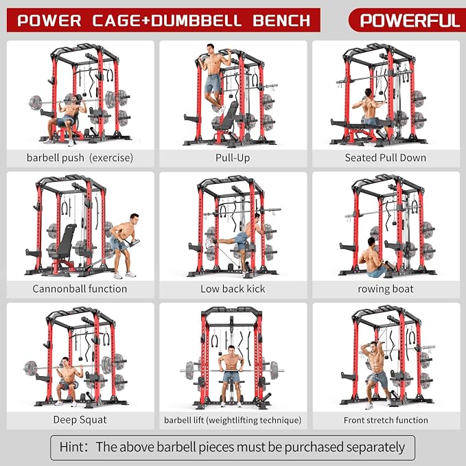 Power Rack Power Cage Multi-Function Squat Rack with Cable Crossover System Selectable More Training Attachment Power Rack for Garage & Home Gym