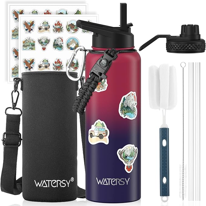 40oz Insulated Water Bottle (Cold for 48 Hrs),BPA Free&Leak Proof,Stainless Steel Water Flask,Water Jug with Straw Spout Lids for Gym,Hiking,Travel,Red Purple