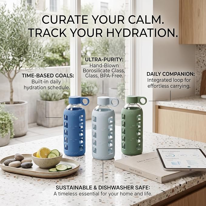 purifyou 40oz / 32oz / 22oz / 12oz Borosilicate Glass Water Bottle with Time & Volume Markers, Silicone Sleeve, Stainless Steel Lid | Reusable Glass Bottle for Water & Juice (22oz Chinese Porcelain)