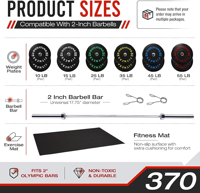 Fitvids 2-Inch Olympic Rubber Weight Plates Sets, Bumper Plates Set Barbell with Mat for Strength Training, 80-370 Lbs Multiple Options