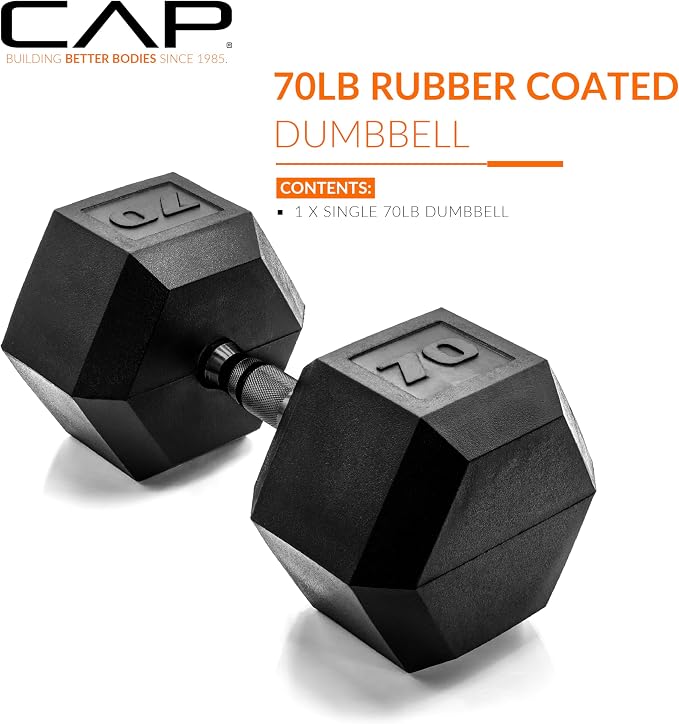 CAP Rubber Coated Dumbbell Weights, Free Weights for Home Gym Strength Training, Anti-Roll Hex Dumbbells with Black, Chrome & Comfort Grip Handles, Singles