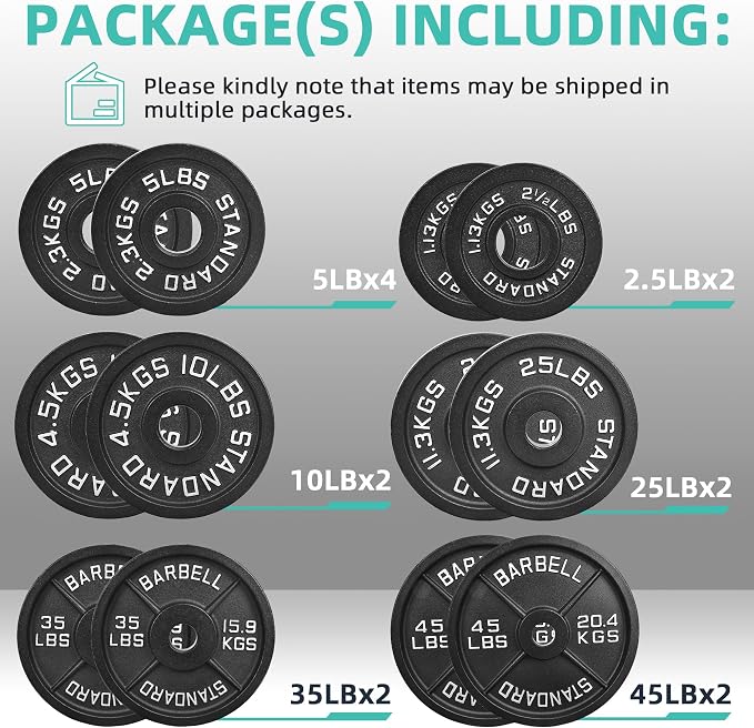 Fitvids 2 Inch Olympic Barbell Weight Plates Set, 255 LB(2.5-45 LB) Barbell Weight Set for Home Gym Strength Training