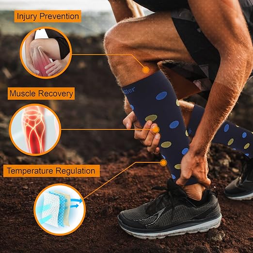 Doc Miller Calf Compression Sleeves 20-30 mmHg for Women & Men, 1 Pair | Footless Compression Socks, Polka Dots Design, Shin Splints Relief, Varicose Veins, Running, Nurses, Travel, Leg Support