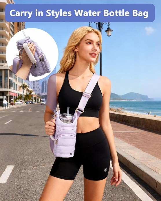 Water Bottle Holder with Strap 30/32 oz, Crossbody Water Bottle Carrier Bag | Lightweiht Quilted Bottle Sling Bag, RFID Phone Pocket, Hands-free for Gym Hiking Walking Travel