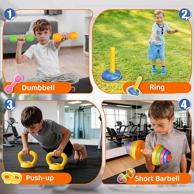 6-in-1 Kids Weight Set, Kid exercise equipment, Kids Workout Equipment Toys | Adjustable Kids Barbell, Dumbbell, Kettlebell, Push-Up ,Ring. Fitness Play Gym Toys Set Gift Small Weights for Kids Boy Girl