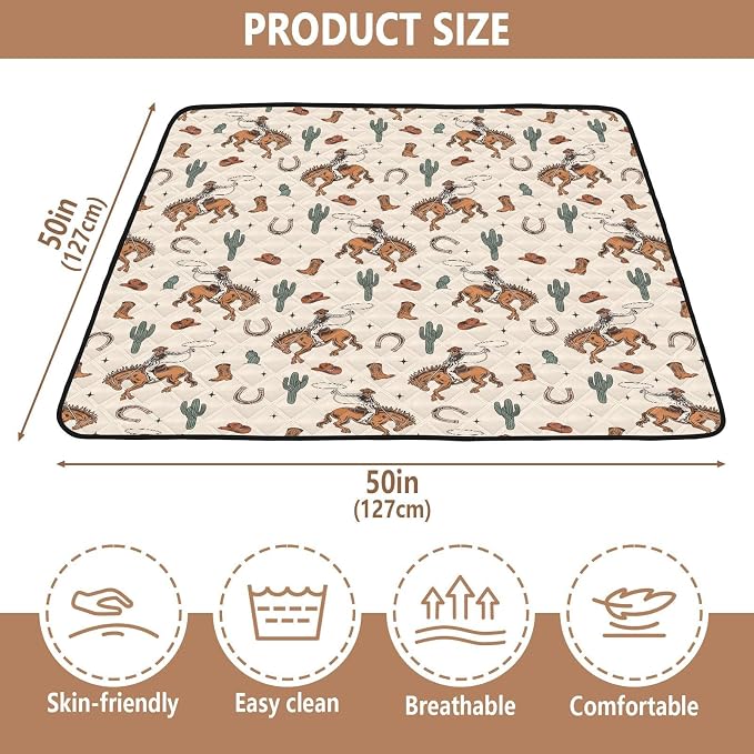 Baby Play Mat Cactus Cowboy Horse Plant 50" X 50" Play Gym Crawling Mat Soft Non-Slip Portable Picnic Floor Mat for Infant, Babies, Toddler, Kids
