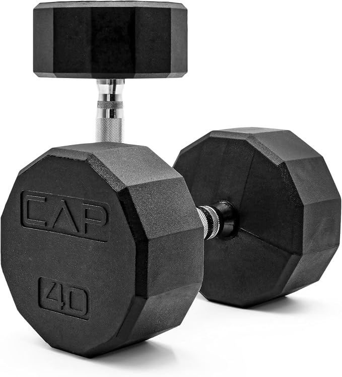 CAP Rubber Coated Dumbbell Weights, Free Weights for Home Gym Strength Training, Anti-Roll Hex Dumbbells with Black, Chrome & Comfort Grip Handles, Pairs & Sets