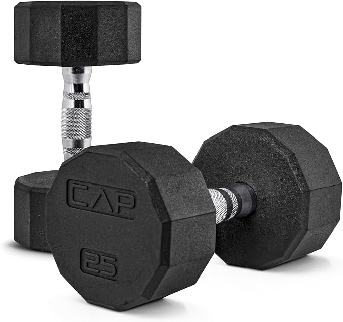 CAP Rubber Coated Dumbbell Weights, Free Weights for Home Gym Strength Training, Anti-Roll Hex Dumbbells with Black, Chrome & Comfort Grip Handles, Pairs & Sets