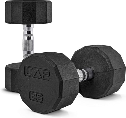 CAP Rubber Coated Dumbbell Weights, Free Weights for Home Gym Strength Training, Anti-Roll Hex Dumbbells with Black, Chrome & Comfort Grip Handles, Pairs & Sets