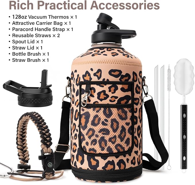 DYSANKY 1 Gallon Water Bottle Insulated | Thickened Stainless Steel Vacuum Metal Water Jug | Portable Sports Large for Gym and Hiking with Straw, Carrier Bag, Handle Strap | BPA-Free 128 oz