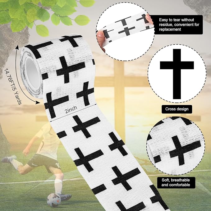 Geiserailie 12 Pack Christian Athletic Tapes 2 Inch x 5 Yards Self Adhesive Bandages Sports Wraps Breathable Elastic Wrap Non Woven Bandage for Wrist, Ankle, Baseball Football (White and Black)