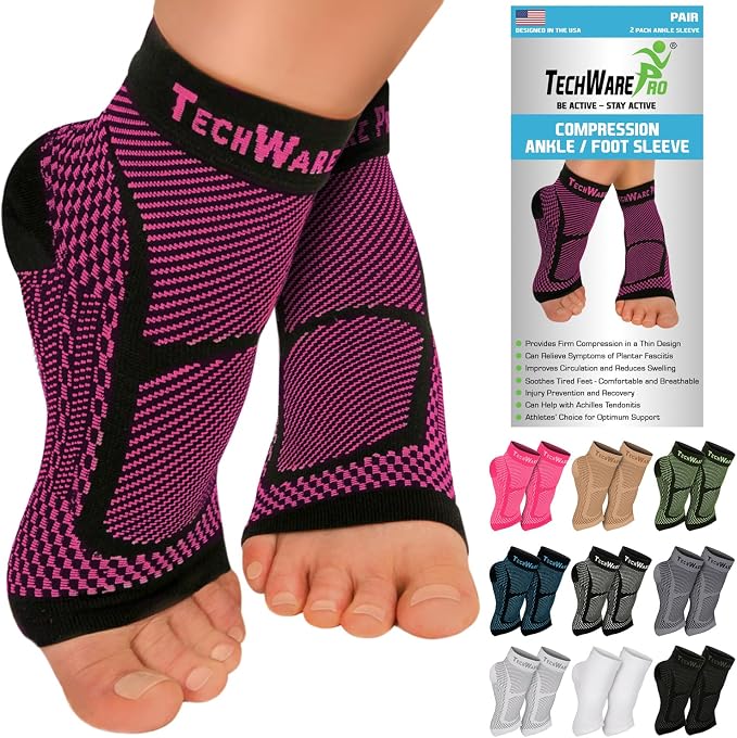 TechWare Pro Ankle Brace Compression Sleeve - Plantar Fasciitis Sock. Relieves Achilles Tendonitis. Foot Arch Support Reduces Joint Pain, Swelling & Heel Spur Pain. Injury Recovery Braces for Sports