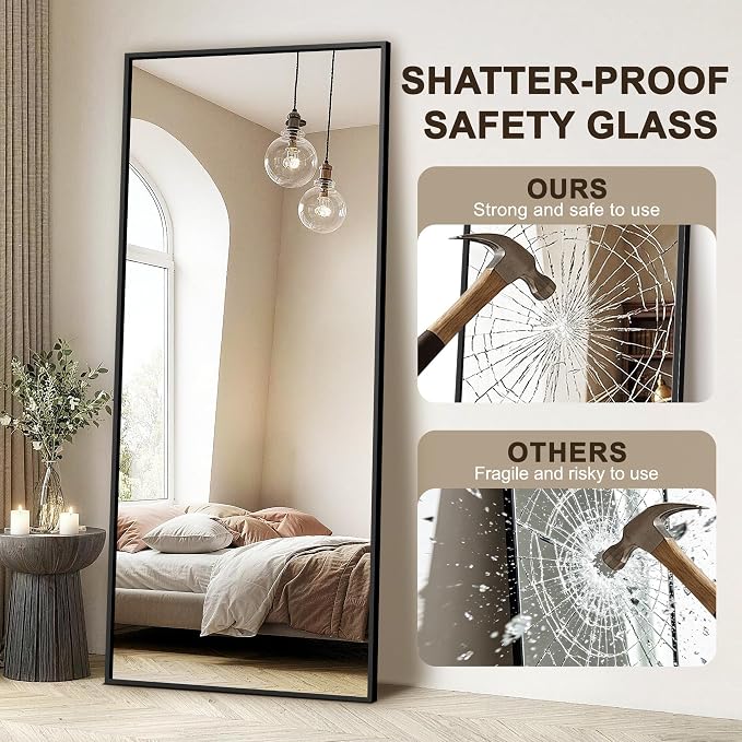 FICTOR Full Length Mirror with Stand, Floor Standing Mirror, 75"x35", Black | HD Shatterproof Glass, Free-Standing or Wall-Mounted, Full Body Mirror for Bedroom, Living Room, Dressing Room, Entryway