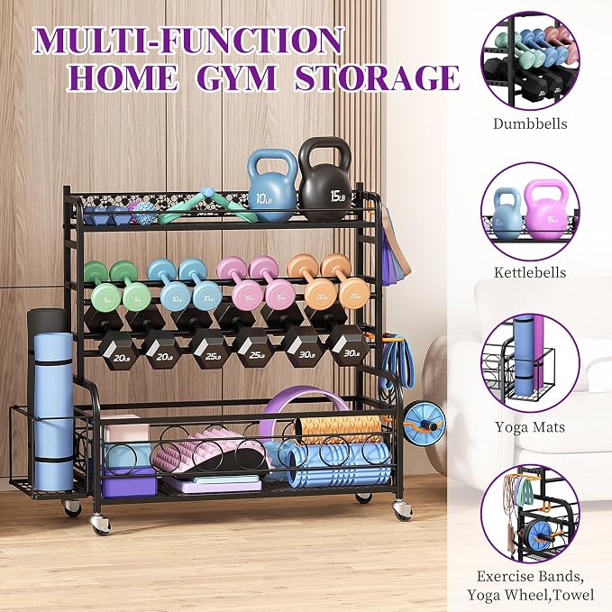 VOPEAK 3-Tier Dumbbell Rack with Wheels, Weight Rack for Home Gym Storage | Stores dumbbells, kettlebells & yoga mats. Lockable wheels for mobility. Sturdy steel frame, easy 15-min assembly