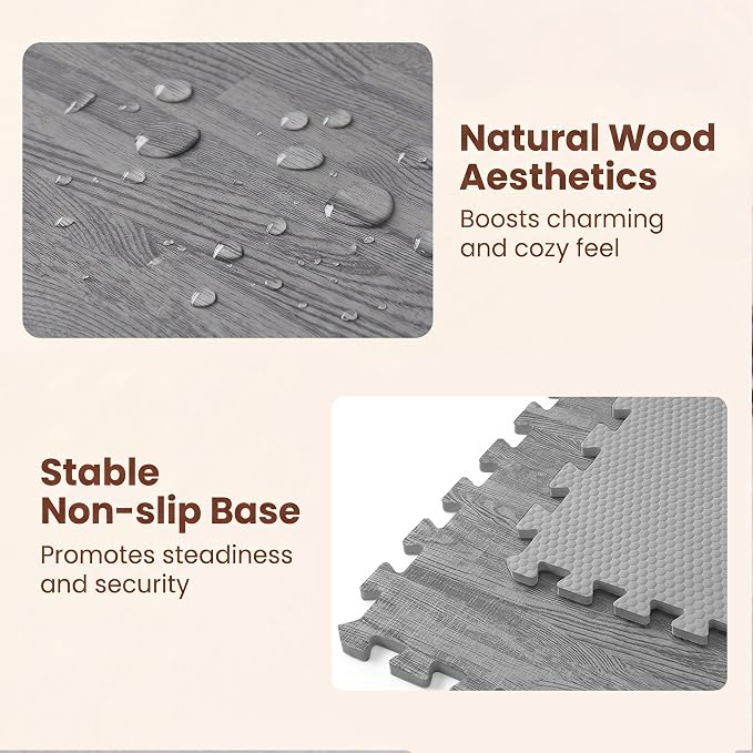 Giantex 25 Pcs Faux Wood Grain EVA Foam Tiles, 24"x24" Interlocking Floor | 100 Sq. Ft Puzzle Exercise Mats with 50 Borders, 0.4" Thick Waterproof Anti-Slip Flooring for Home Gym, Basement, Gray Oak