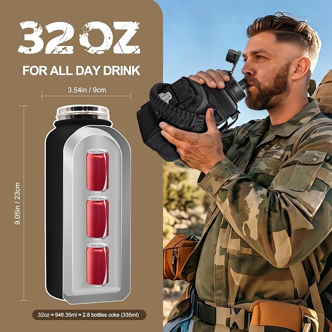 NATURE PIONEOR 32 oz Tactical Water Bottle with MOLLE Bottle Pouch & 3 Lids | 18/8 Food-grade Stainless Steel, Double Vacuum Insulation, 3 Leak-proof Lids, Handle, Strap, Camping, Hiking, Gym, Work