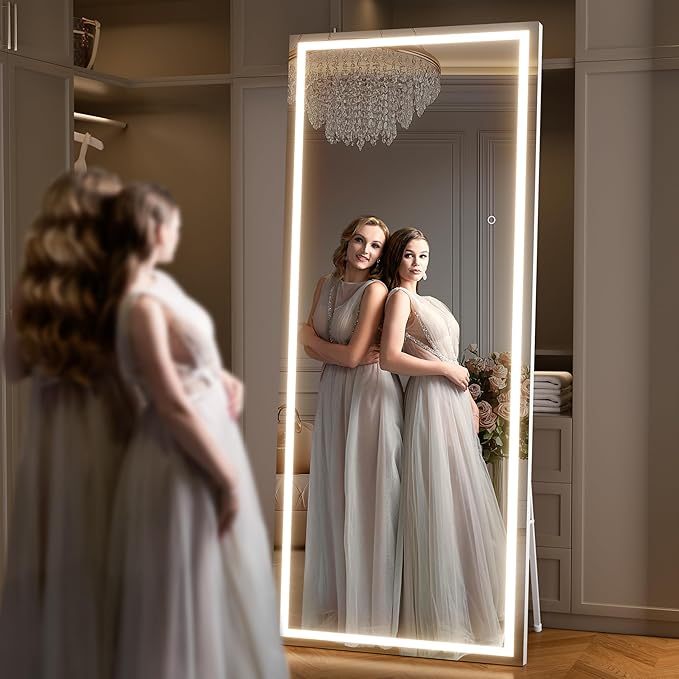 71" x 32" Full Length Mirror with Lights, LED Lighted Floor Standing Body Mirror, Dimmable & 3 Color Lighting for Bedroom, Cloakroom, Dressing Room, Tempered Glass, White Frame