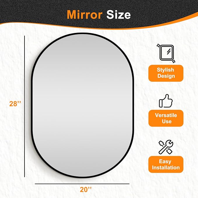 Oval Bathroom Vanity Mirror for Wall, 28''x20'' Black Oval Bathroom Mirror for Over Sink, Bedroom, Living Room, Entryway, HD Tempered Glass, Wall Mounted Horizontally or Vertically