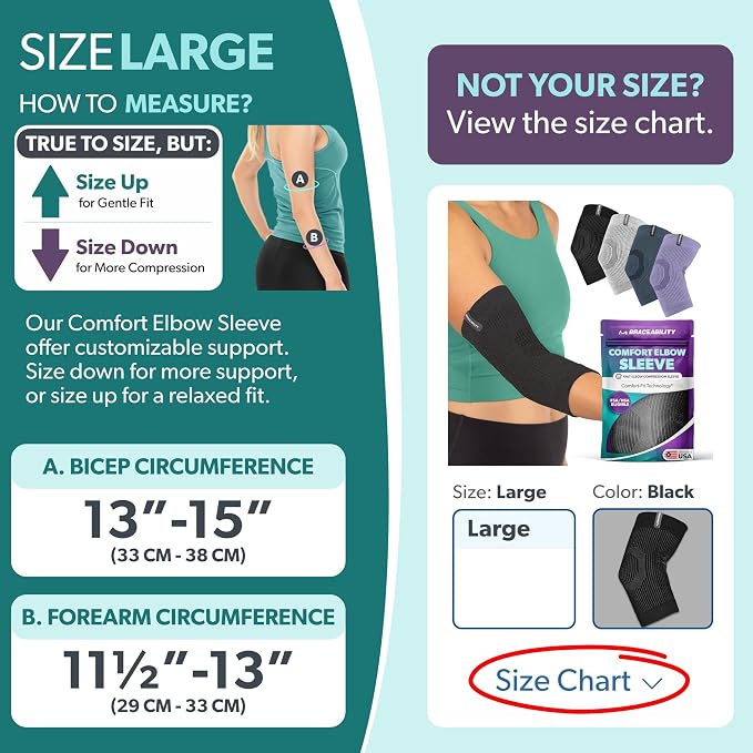 BraceAbility Elbow Compression Sleeve for Bursitis - Olecranon Elbow Brace for Tendonitis, Tennis Elbow, Golfers Elbow, Arthritis, Elbow Pain Relief Arm Sleeve for Women and Men (L - Black)