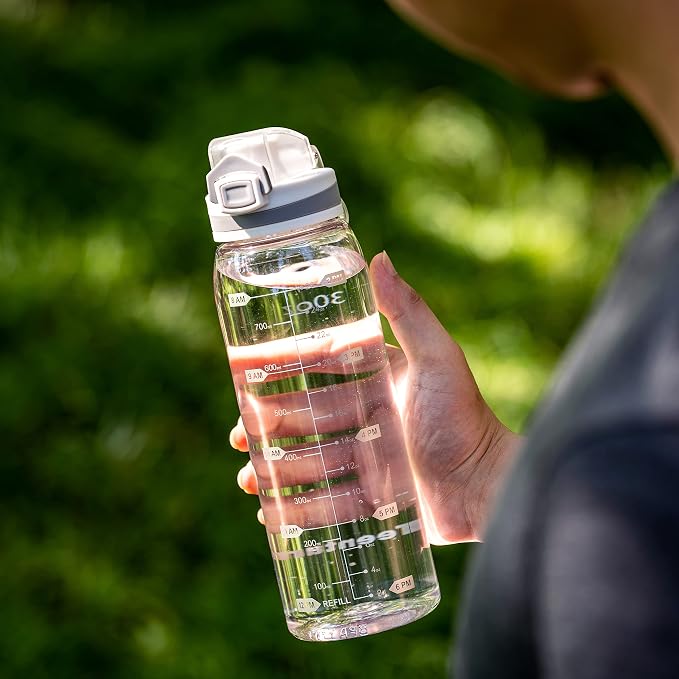 30oz Sport Water Bottle with Time Markers, Large Durable Gym Plastic Bottle Tritan BPA Free for Fitness, School, Outdoor Enthusiasts, Leakproof Clear (Pack of 1)
