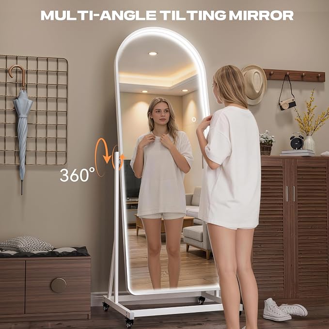 71"x24" Arched LED Full Length Rolling Mirror on Wheels, Tilting Swivel Floor Mirror with Lights, 3 Color Temperatures & Adjustable Brightness for Bedroom, Dressing Room, Home Gym, Home Decor