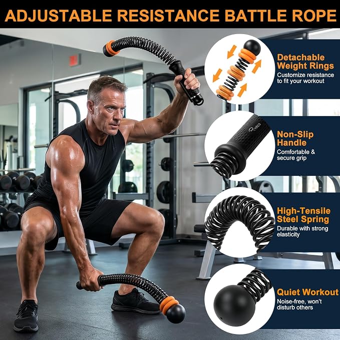 RYACO Ropeless Battle Ropes, Cordless Fitness Training Set for Home Gym | Portable equipment, detachable weight rings, low-impact full-body HIIT & strength training indoor fitness gear