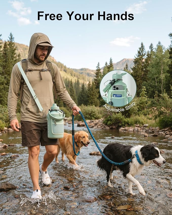 Trebo 64 oz Water Bottle Stainless Steel with 3 Lids, Paracord Handle & Bag | Half Gallon Large Insulated Jug, Triple Wall Vacuum Copper Plated, Dishwasher Safe, Cold 48Hrs for Outdoor, Hiking, Gym
