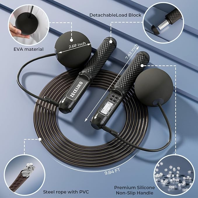 Cordless Weighted Jump Ropes for Home Gym and HIIT Workouts | Jump Rope with LED Display and Jump Counter, Adjustable Steel Wire for Fitness, Tracks Jumps, Calories & Time, for Men, Women