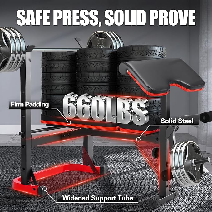 OPPSDECOR Foldable Weight Bench Set with Squat Rack and Preacher Curl Pad | Preacher Curl Bench, Leg Extension and Curl, 660lb Capacit Incline Decline Flat, Foldable Home Gym, For Women Teens Beginners