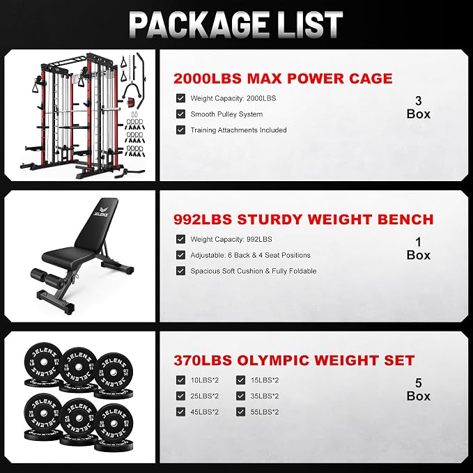 JELENS Smith Machine for Home Gym, Multi-Function M12 Power Cage with Cable Crossover System, Squat Rack with Smith Bar and More Attachment