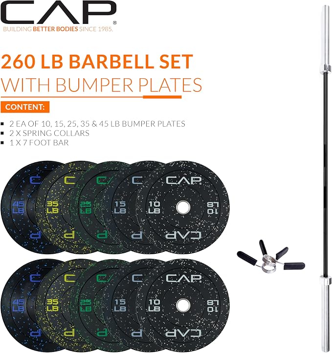 CAP Barbell Olympic Weight Set with 7ft Barbell & Bumper Plates | 160-370 lbs | Multiple Options