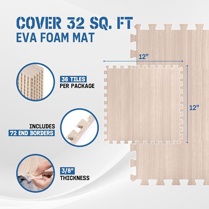 Yes4All EVA Interlocking Mats, Puzzle Floor Tiles, Foam Floor Padding with Border for Furniture, Home Space, Living Room, Garage 11,22,32 SQFT