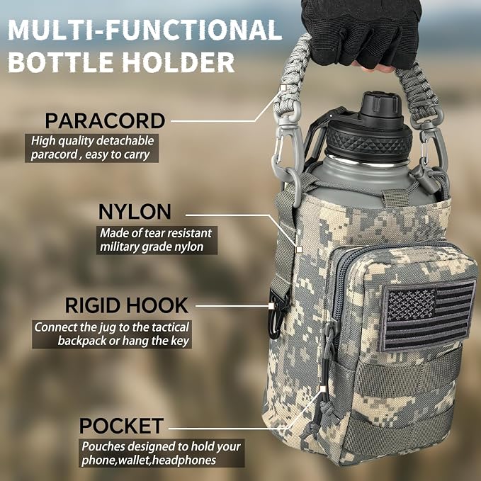 DEFUNX Half Gallon Water Bottle Insulated with Sleeve - Tactical 64 oz Stainless Steel Water Jug with MOLLE Water Bottle Pouch, Gym Water Bottles for Men Hiking Workout (ACU Camo)