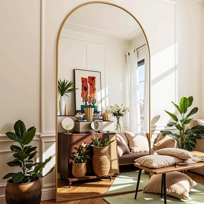 Floor Mirror, 78"x38" Oversized Full Length Mirror with Stand, Arched Full Body Mirror Standing Hanging Leaning Against Wall, Aluminum Frame Giant Mirrors for Bedroom Cloakroom, Gold