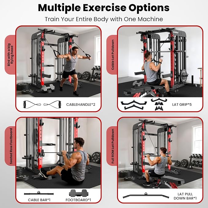 pooboo Multi-Functional Machine Power Cage, 2000LB Squat Rack, LAT-Pull Down System, Dual Pulley Cable Crossover System, Home Gym Workout Machine with Strength Training Attachments