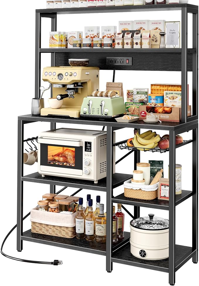 SUPERJARE Bakers Rack with Power Outlet, 35.4 Inches Coffee Bar with Basket | Kitchen Microwave Stand with 11 S-Shaped Hooks, Open Storage Shelves, Black