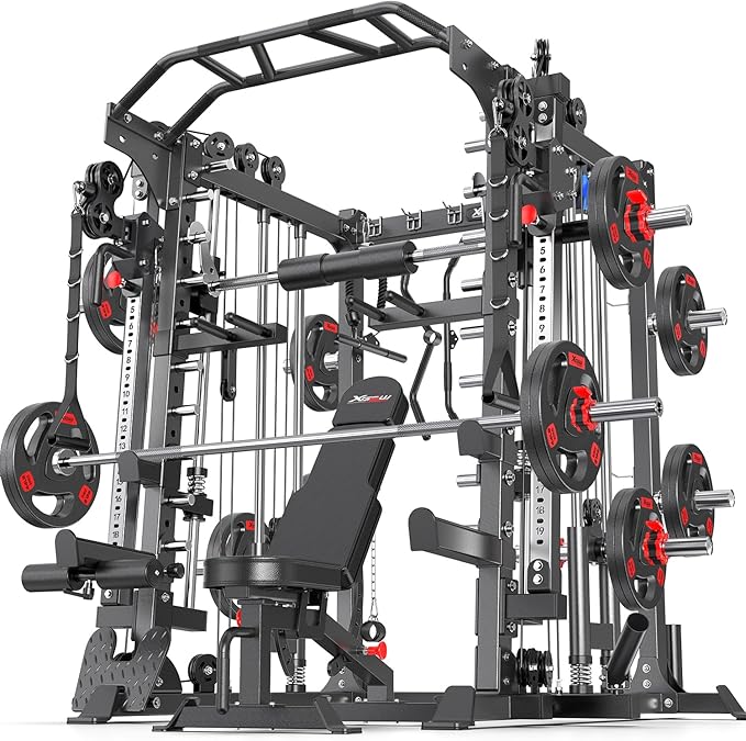 Smith Machine，Multi-Function Squat Rack Power Cage with Cable Crossover System,with Optional Weight Bench, Olympic Barbell Weight Set, for Home Gym