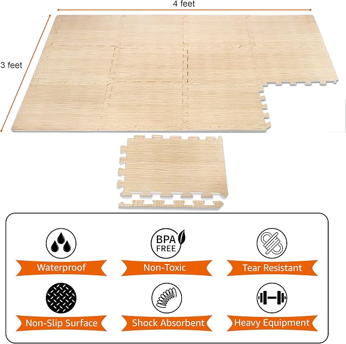 Sorbus Wood Grain Floor Mats Foam Interlocking Mats Each Tile 1 Square Foot 3/8-Inch Thick Flooring Wood Mat Tiles - Home Office Playroom Basement Trade Show (16 Tiles,16 Sq ft - Light Pine)