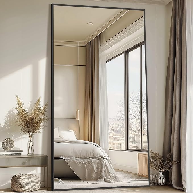 Mirrorons 82"x44" Oversized Black Full Length Mirror, Floor Standing or Wall Mounted with Hanging Kit, Shatterproof Tempered Glass Mirror for Living Room, Bedroom, Dressing Room, Gym