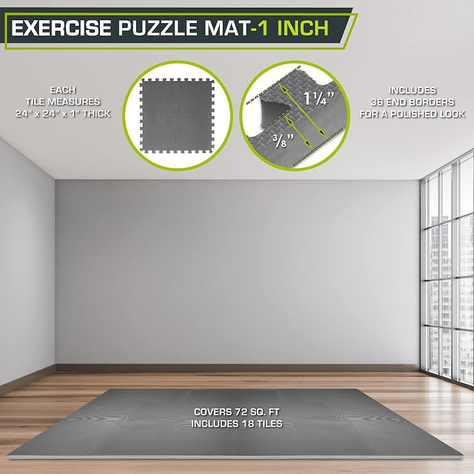 ProsourceFit Weaved Pattern Extra Thick Exercise Puzzle Mat 1-inch, EVA Foam Interlocking Tiles for Protective, Cushioned Flooring for Home and Gym Equipment; Gray, 72 SQ FT, 18 Tiles