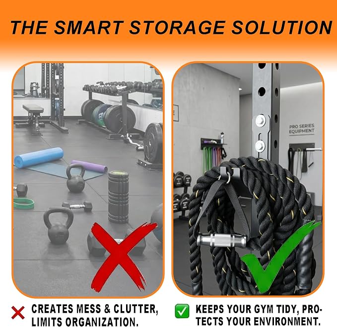 Heavy-Duty Battle Rope Storage Attachment for Squat Rack, Universal 5mm Steel Hanger with Multi-Use Front Notch, Adjustable Mount Fits 5/8" & 1" Holes, Home Gym Equipment Organizer