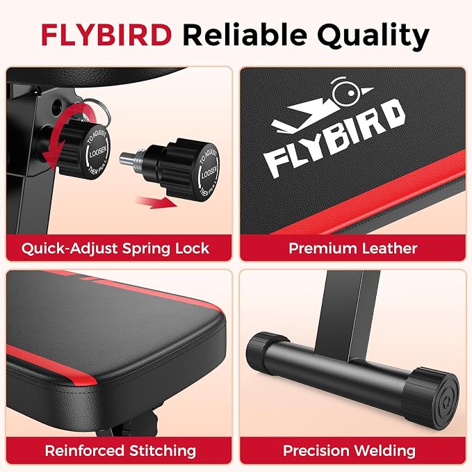 FLYBIRD Foldable Flat Weight Bench for Home Gym, 600/1000 lbs Capacity with Dual Locking for Strength Training, Easy Setup & Storage for Small Apartments, Lifting, Hip Thrust, Dumbbell Workout (B-Red-01)