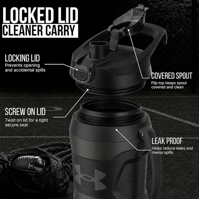 Under Armour Insulated Water Bottle with Handle & Fence Hook, Half Gallon Sports Water Jug, Leak-Resistant & BPA-Free for Baseball, Football & Gym - Jet Grey/Black, 64oz